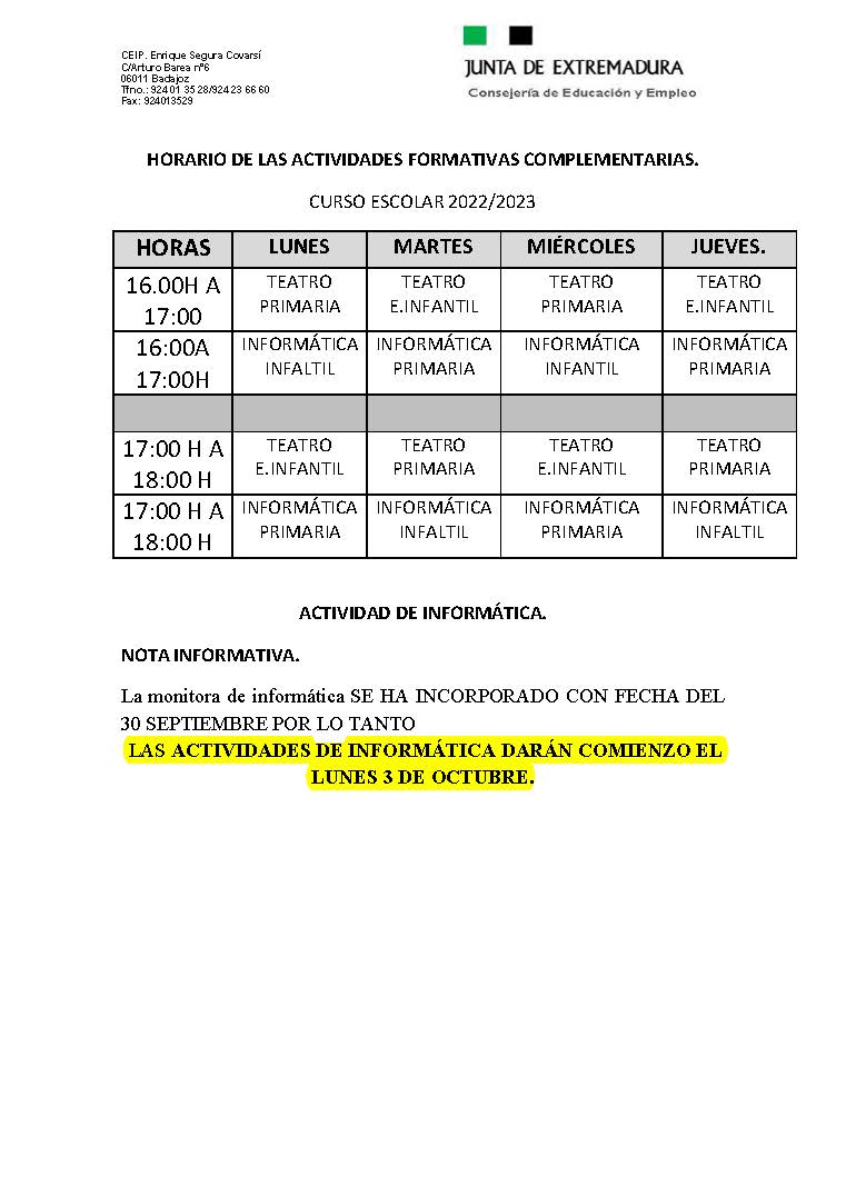 HORARIO DE LAS ACTIVIDADESSSS FORMATIVAS COMPLEMENTARIA1