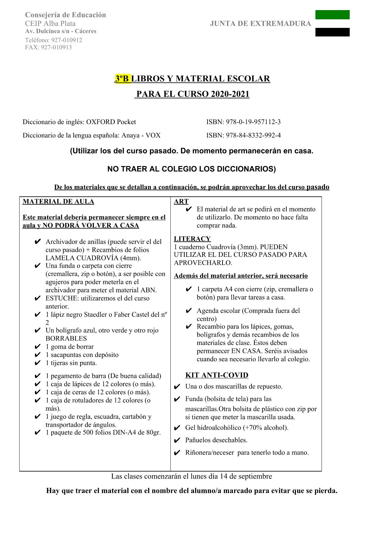 3ºB MATERIAL ESCOLAR 20 21