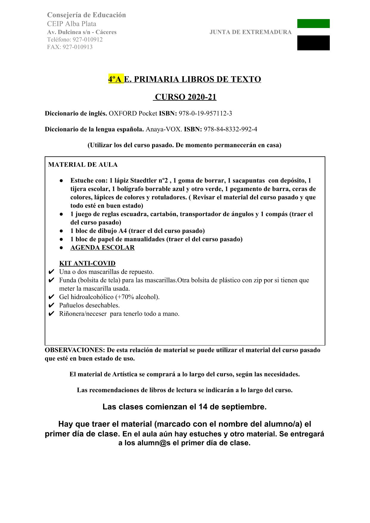 4ºA MATERIAL ESCOLAR